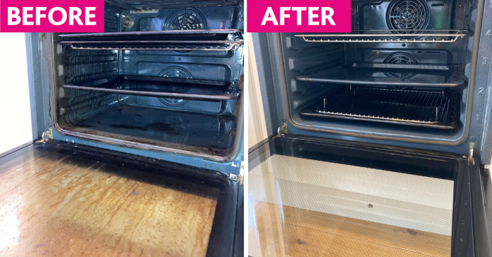 oven before it has been cleaned after oven has been cleaned
